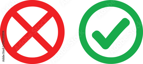 A red cross circle symbol representing rejection beside a green check mark for verification icon Vector