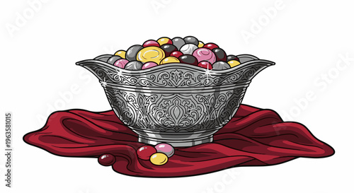 Ornate silver bowl overflows with colorful candies on a draped red cloth
