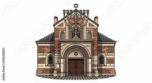 Ornate brick building with large arched doorway and menorah
