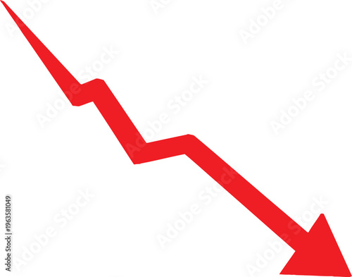 A red jagged line graph arrow pointing downwards representing a decline or negative trend result. Vector