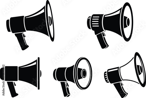 A collection of five distinct black silhouette megaphone icons isolated on a plain white background Vector