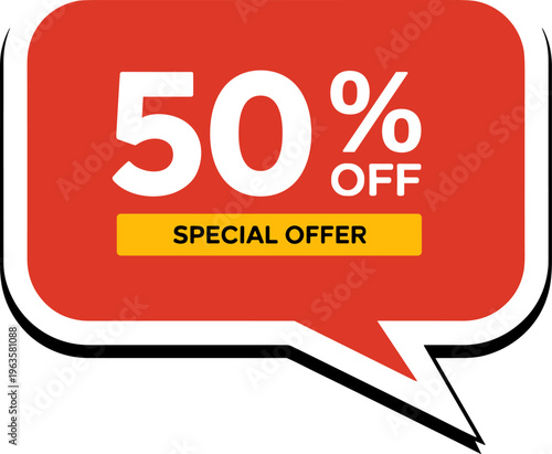 Red Speech Bubble Announcing 50 Percent Off Special Offer with Yellow Banner Keywords: fifty percent off, 50%, discount, sale