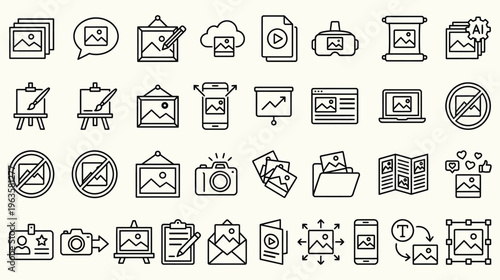 Set of 32 outline icons related to picture, image. Linear icon collection. Editable stroke. Vector illustration

