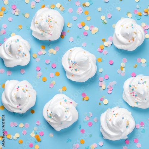 Colorful meringue cookies with sprinkles on blue background