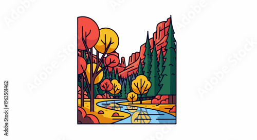 Stylized autumnal landscape with winding river and rocky formations