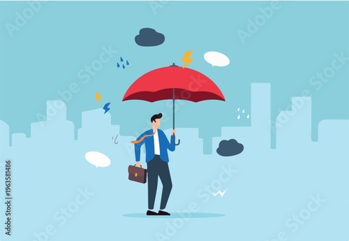 Flat illustration of calm businessman using umbrella to shield from falling criticism negativity and chaos with emotional strength and resilience