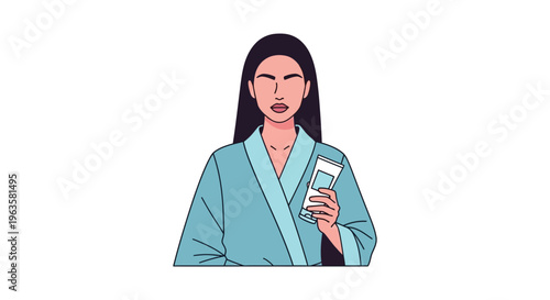 Woman in blue robe holding smartphone in minimalist flat illustration for mobile app advertising