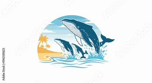 Stylized scene of whales breaching near a tropical island under a cloudy sky