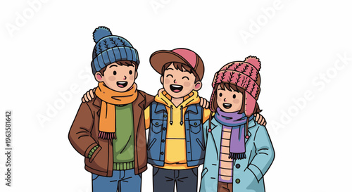 Three friends in winter clothing with their arms around each other