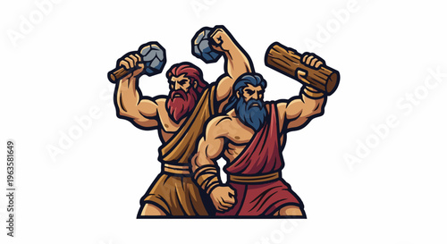 Two muscular figures in togas, one with a club, the other with stones