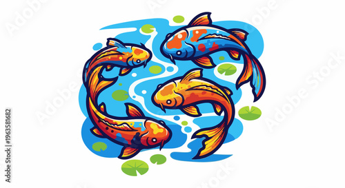 Three colorful koi fish swim in a stylized blue water pond with lily pads