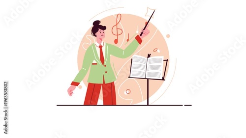 Animated female music conductor leading performance with baton and score