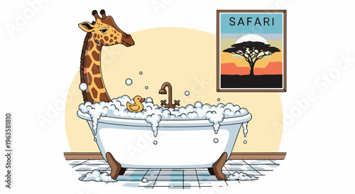 Whimsical giraffe enjoys a bubble bath with rubber ducky near safari art
