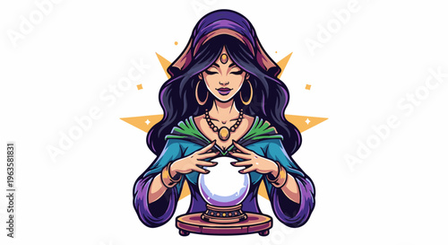 Woman in colorful robes gazes into a glowing crystal ball