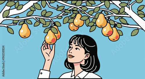 Woman reaching for ripe pears hanging from a tree branch under blue sky