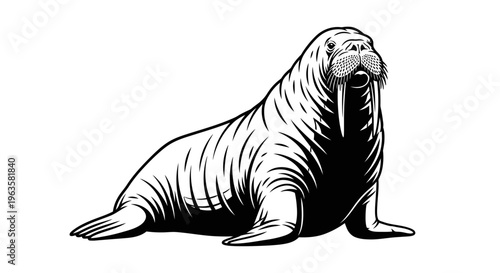 Walrus Full Body Pose High Contrast Black and White Vector Art