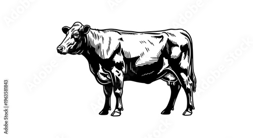 High Contrast Black and White Cow Full Body Vector Illustration
