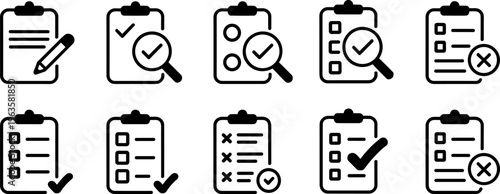 Ten black and white clipboard icons showing tasks and completion status Keywords: clipboard, checklist, document, paper, pencil