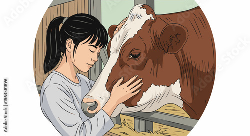Gentle farmer girl tenderly strokes a brown and white cow's face