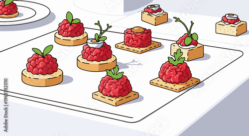 Illustrated assortment of gourmet appetizers on a white surface