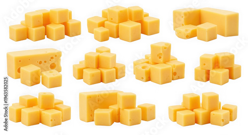 Cheese cubes and blocks isolated on transparent background