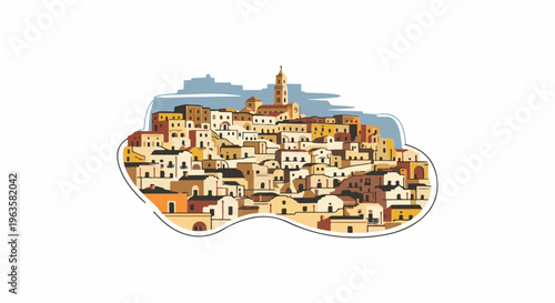 Illustrated village scene with tightly packed buildings and a prominent bell tower