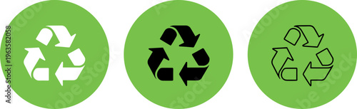 Three Recycling Symbols in Green Circles with White, Black, and Outline Variations icon