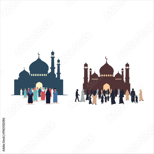 Eid al-Adha celebration with people gathered in front of mosques illustration