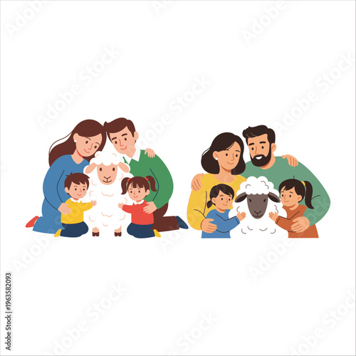 Happy family celebrating Eid al-Adha with sheep for sacrifice