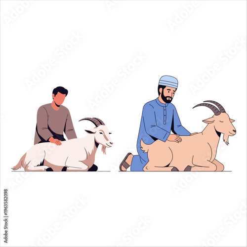 Diverse men respectfully engaging with goats for the spiritual tradition of Eid al-Adha festival
