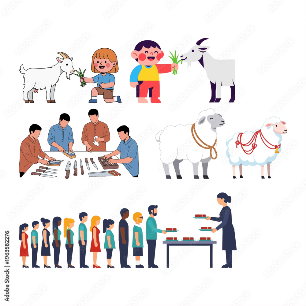 Fototapeta premium Eid al-Adha Celebration People Celebrating with Goats and Sheep for Sacrifice