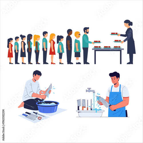 People Queueing for Food Distribution during Eid al-Adha Celebration and Food Preparation