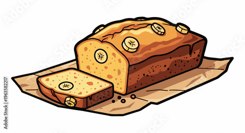 A cartoon loaf of banana bread with a slice cut off