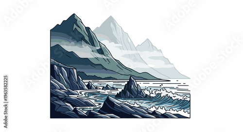 Jagged mountains meet a crashing sea, with rocky shores and misty peaks