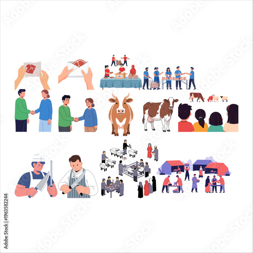 Muslim community observing Eid al-Adha rituals, including animal sacrifice and charitable meat distribution