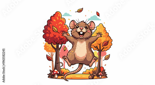 Joyful cartoon rodent leaps through autumn trees, leaves falling around