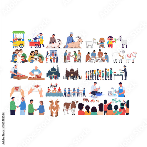 Joyful Eid al-Adha Scenes Sacrifice, Meat Distribution, and Community Gatherings