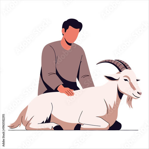 Gentle interaction between a man and a goat, celebrating Eid al-Adha with love