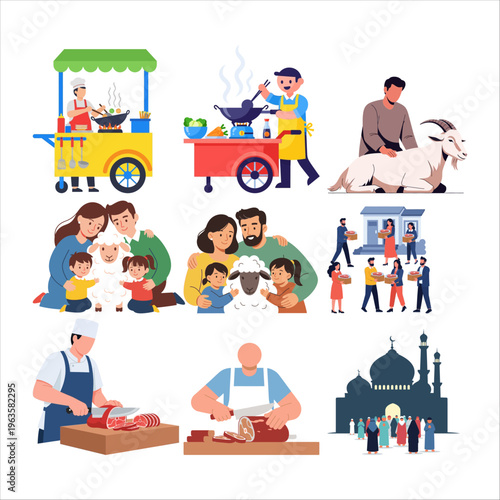 Illustrations of Eid al-Adha traditions and celebrations including food preparation and community gatherings