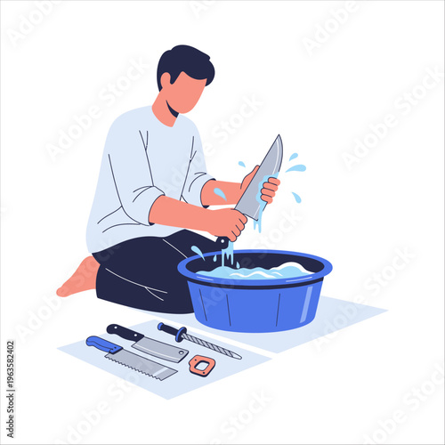 Man meticulously cleaning knives for the joyous Eid al-Adha celebration preparations