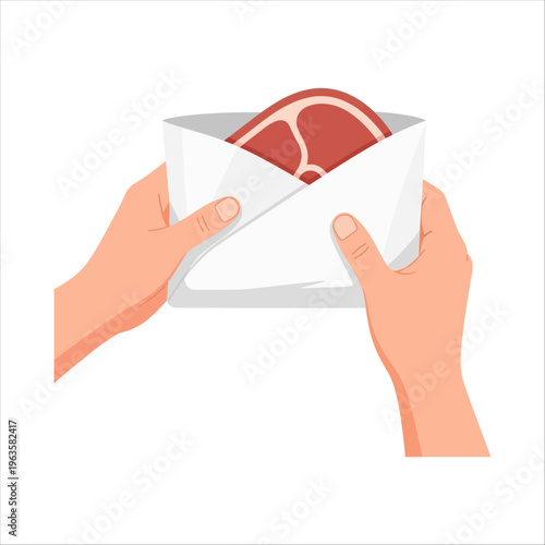Hands giving fresh sacrificial meat in an envelope, symbolizing generosity during Eid al-Adha