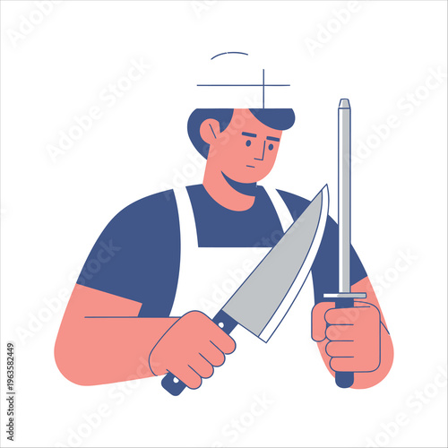 A chef meticulously sharpens a knife, preparing for festive Eid al-Adha feasts and culinary delights