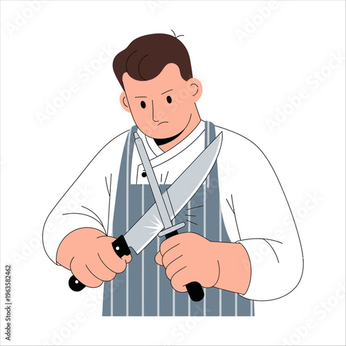 Chef sharpening a large knife, meticulously preparing for the upcoming Eid al-Adha feast celebration