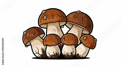 A cluster of charming, cartoon-style brown mushrooms with white stems