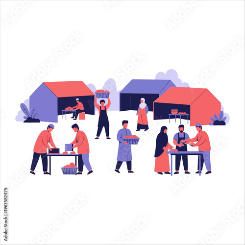 Joyful Eid al-Adha observance, sharing blessings and meat within the community