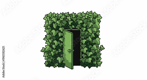 A green, open door is revealed within a dense wall of green ivy leaves