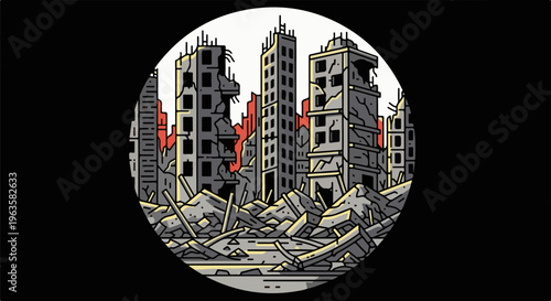 Destroyed city skyline with rubble, a scene of devastation and ruin