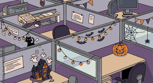 Cubicle decorated for Halloween with pumpkins, ghosts, and bats