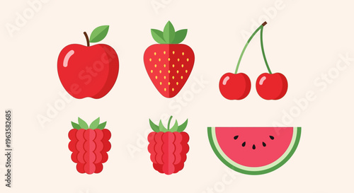 Vibrant Red Fruits Assortment: Apple, Strawberry, Cherry, Raspberry, Watermelon Slice