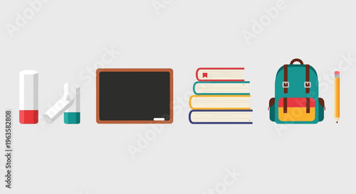 School Supplies Flat Design: Chalkboard, Books, Backpack, Erasers, Pencil